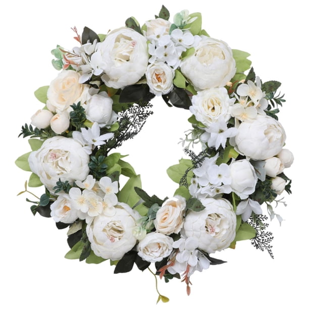 Corona de peonías artificiales resistente para puerta de entrada, decoración de interiores y exteriores para fiestas. Blanco