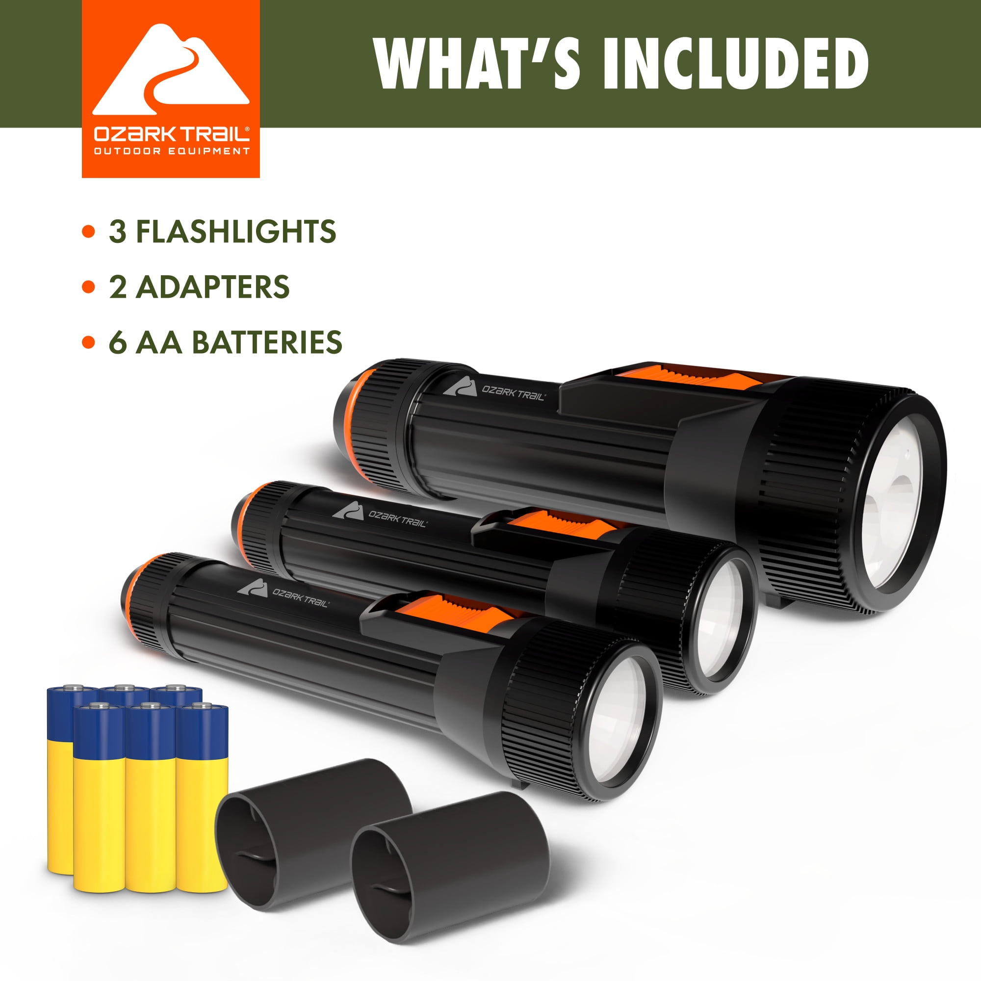 Ozark Trail Industrial LED Flashlights, 3 Pack, 1 Large Flashlight (150 Lumens) and 2 Small Flashlights (65 Lumens)