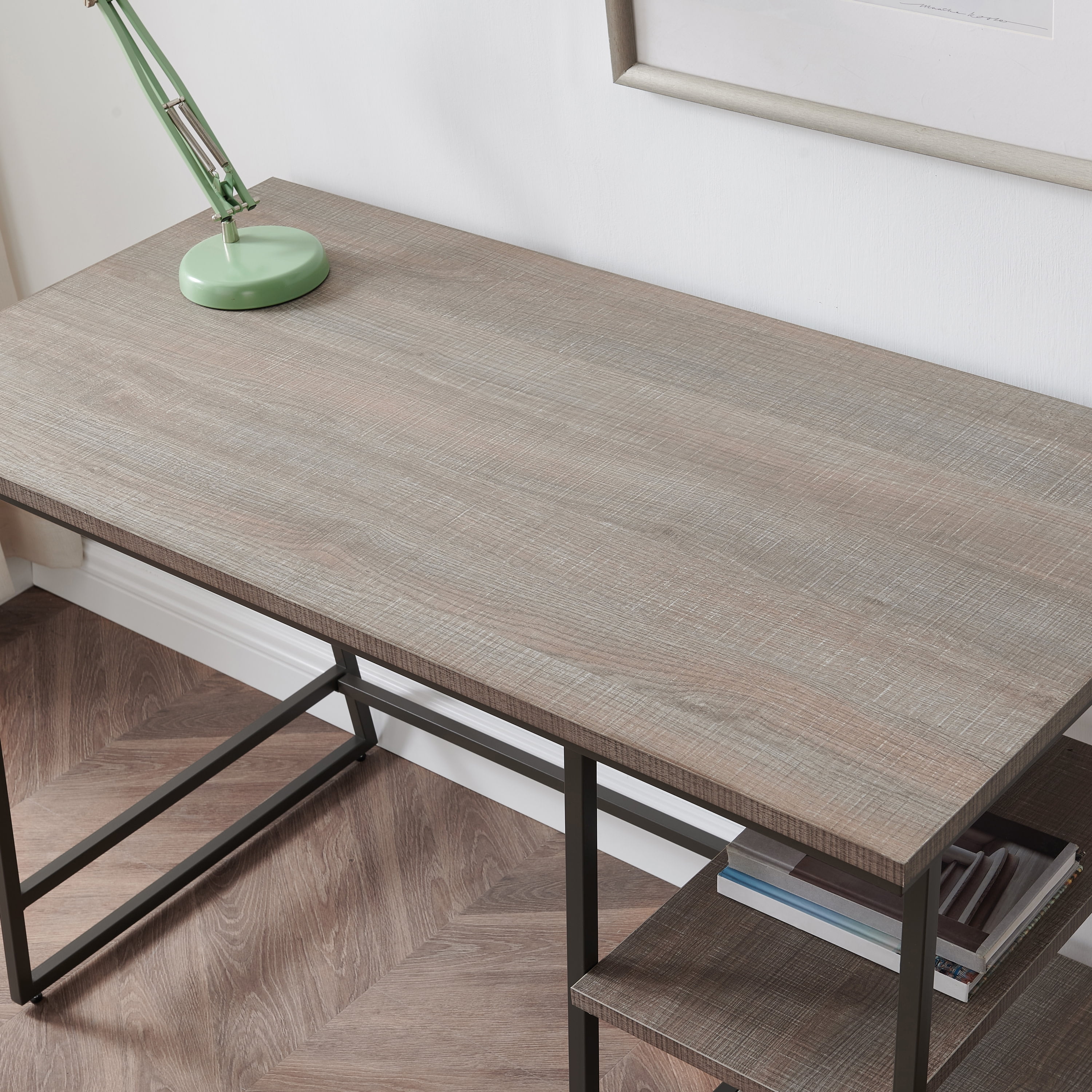 Leick Home Rectangular Computer Desk | Study Table with Reversible Stepped Tier Shelf,  Roughsawn Oak and Gunmetal