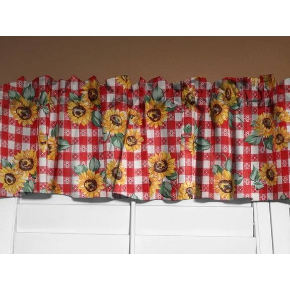 Cotton Window Valance Floral Print 58 Inch Wide Sunflower Tavern Check Red