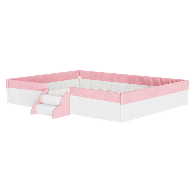 Queen Size Upholstered Floor Bed with Fence, Corduroy Montessori Bed Toddler Bed with 2-Tier Steps and Smart LED Lights, Low Profile Platform Bed for Kids