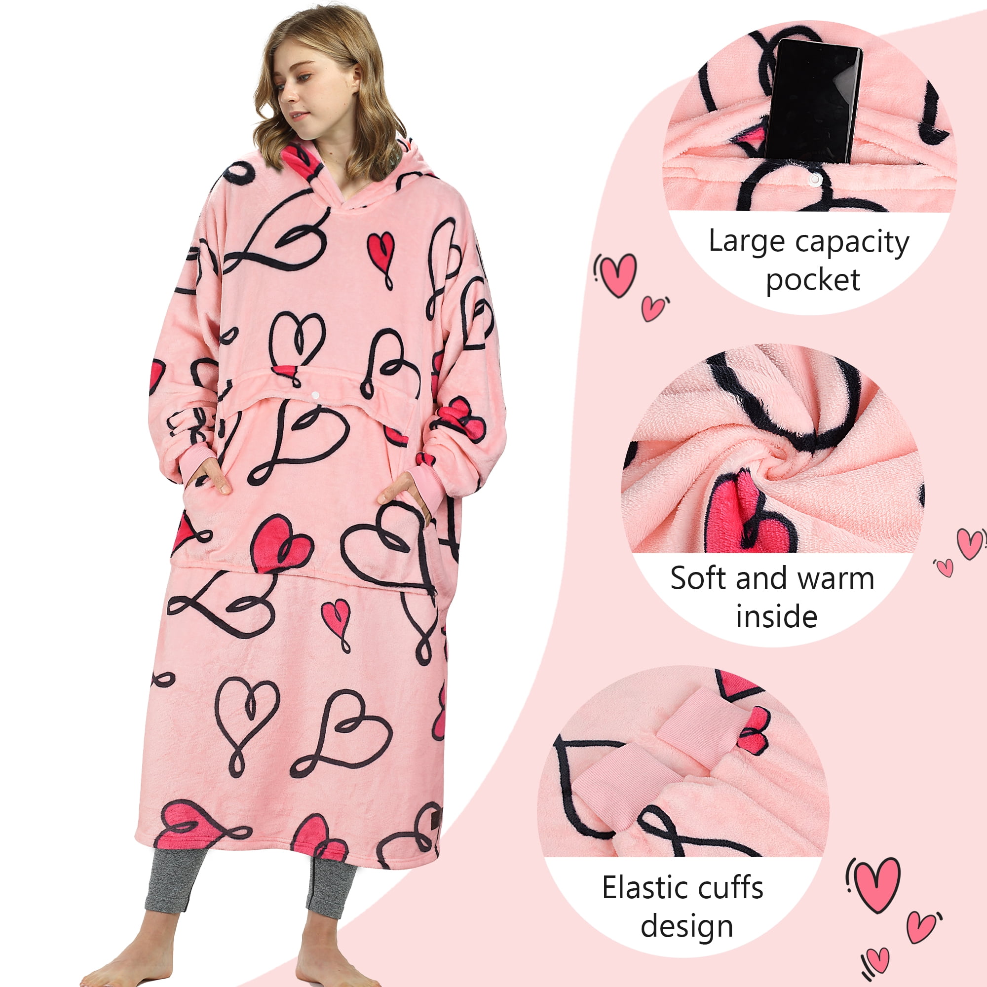 Catalonia Valentine's Day Gift Womens Oversized Flannel Blanket Hoodie Sweatshirt, Plush Fleece Lined Lounging Pullover, Christmas Gift for Women (LOVEART Pink)