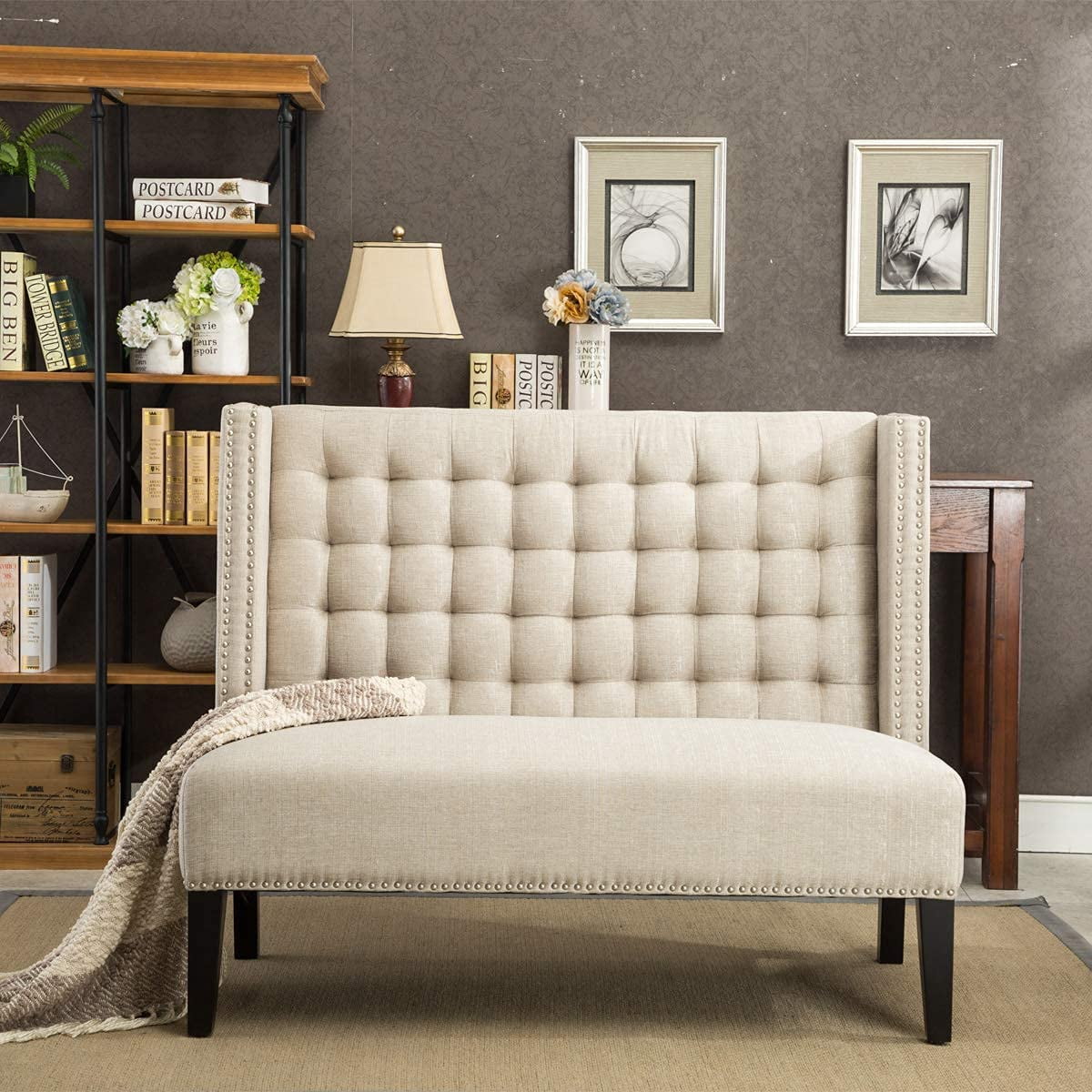 Andeworld Modern Loveseat Settee  Sofa Upholstered Banquette Couch for Dining Living Room Hallway or Entryway Seating Funiture with Wooden Legs,Putty
