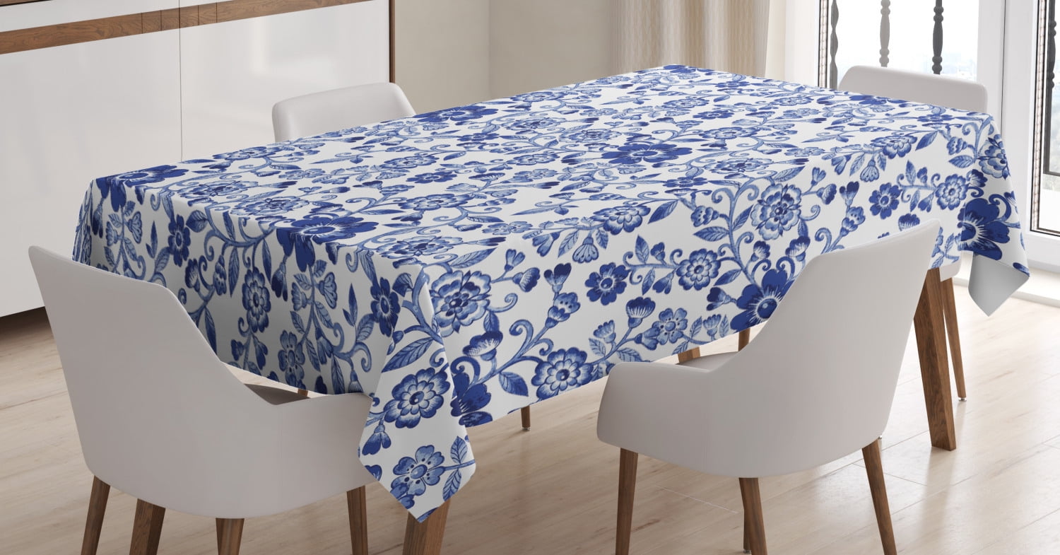 Watercolor Tablecloth, Artistic Vibrant Blue Flowers Pattern Feminine
