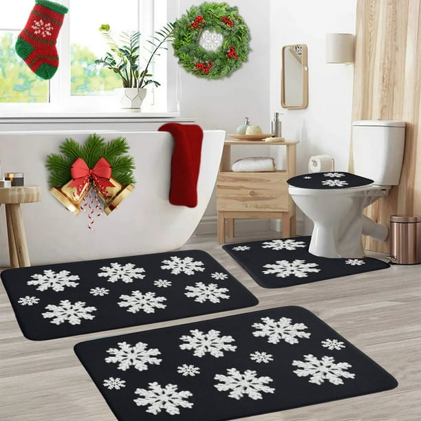 Alfombras de baño, alfombras para sala de estar, alfombra de área, tapete de baño, juego de 4 alfombras navideñas para baño, alfombras navideñas con copos de nieve, lavables, antideslizantes, absorben