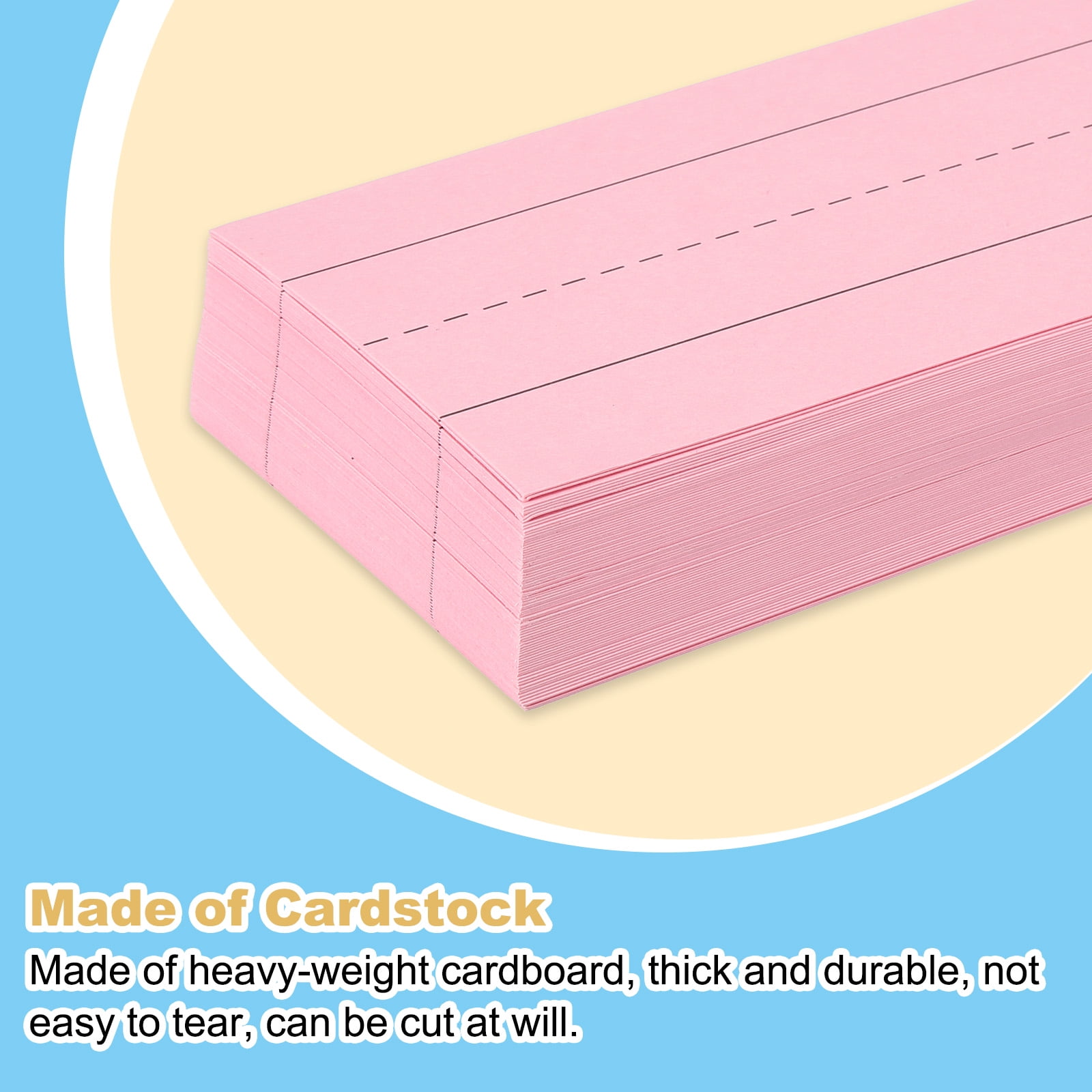 Uxcell 100 Sheets Ruled Sentence Strips, 3" x 17" Cardstock 250GSM Writing Paper Blue Red Lined for Classrooms, Pink