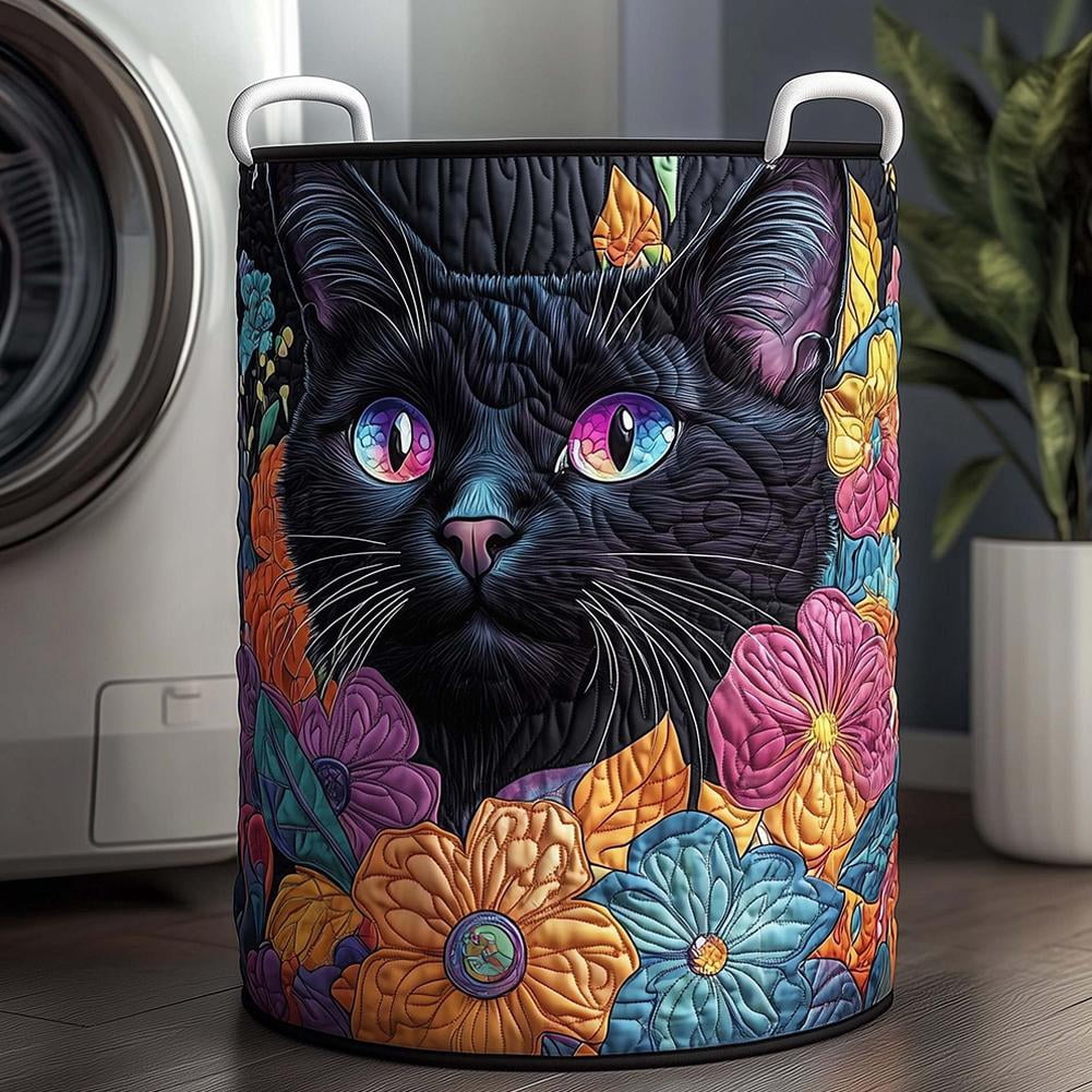 Large Quilted Laundry Basket with Handles, Foldable Boho Cat Floral Hamper for Nursery, Bedroom, Laundry Room - 16" x 22"