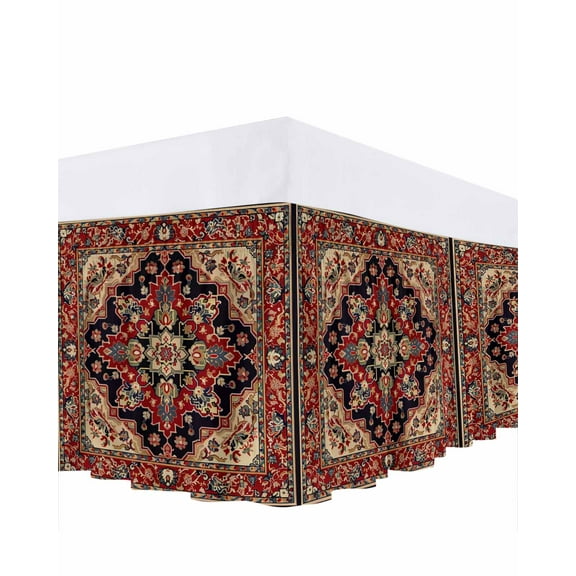 Red Vintage Bed Skirt Queen Size 18 Inch Drop, Floral Pattern Ethnic Style Wrap Around Dust Ruffle Bedskirts, Wrinkle & Fade Resistant Easy Fit Bedskirt with Adjustable Elastic