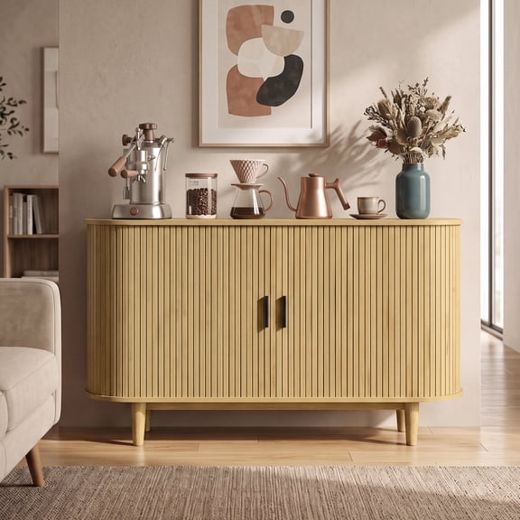 LEDREM Curved Mid-Century Modern Sideboard Storage Cabinet with Sliding Doors, 55.1 x 15.7 x 29.5 inches, Yellowish Brown