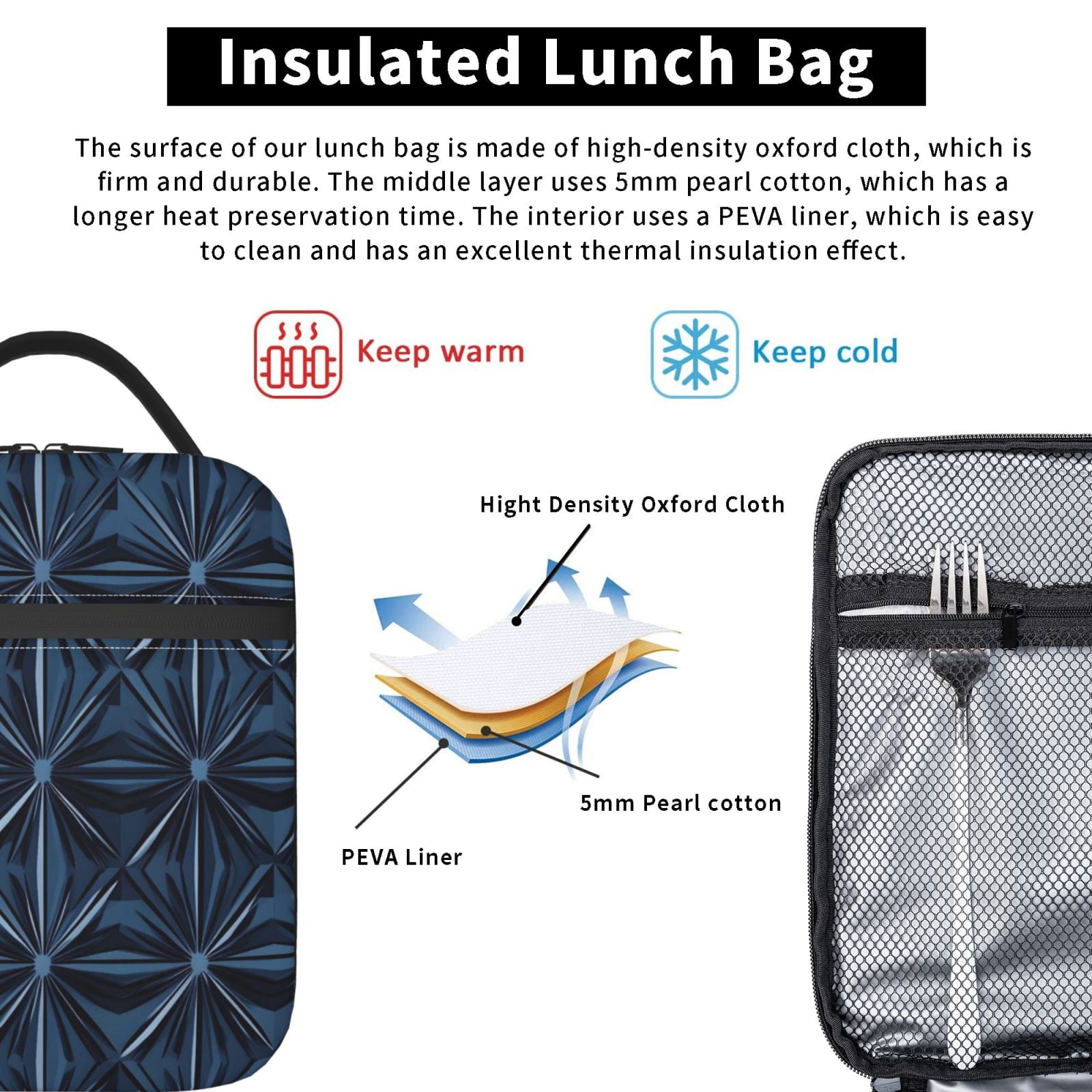 Lunch Bag For Women Men Insulated Portable Lunch Box Bento Box Office Picnic Travel Cooler Bag Midnightblue Geometric Patterns_1