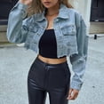 thumbnail image 2 of TTUHYWXI Women's Long Sleeves Denim Jean Jacket Regular Fit Single Crop Hem Denim Jacket (Blue, L), 2 of 9
