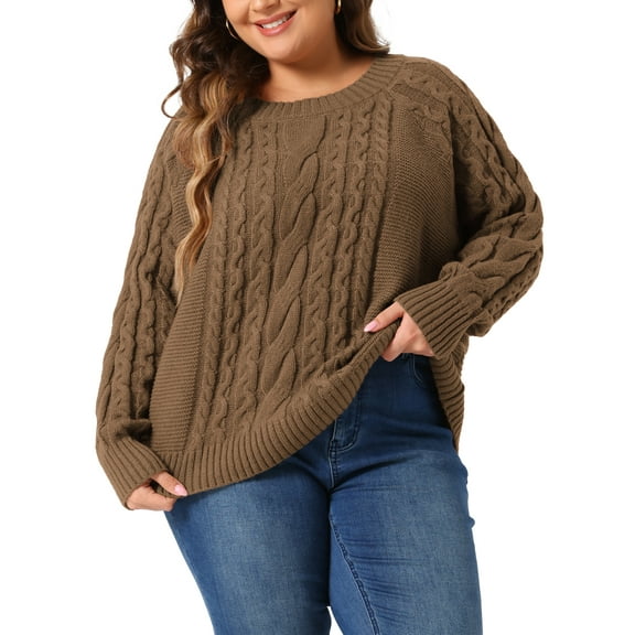 DARING DIVA Plus Size Long Sleeve Crewneck Fisherman Cable Pullover Sweater 1X Brown