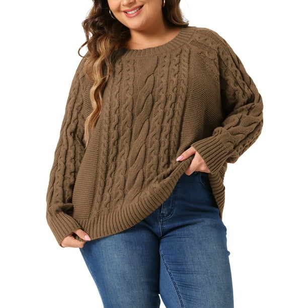 Suéter de mujer de talla grande Agnes Orinda, de manga larga, cuello redondo, suéter de cable de pescador 1X marrón