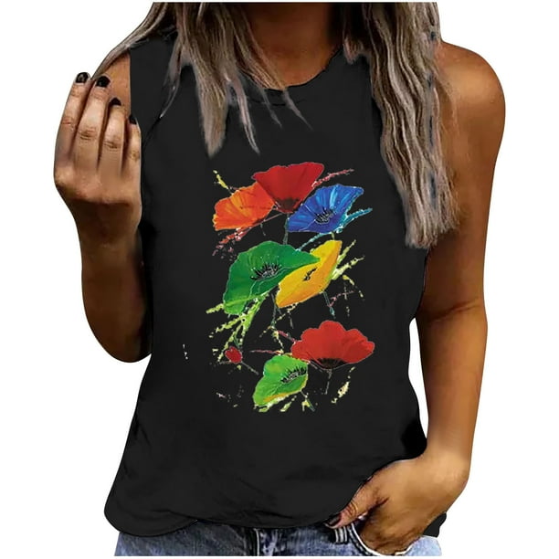 Camiseta holgada sin mangas con cuello redondo y estampado de flores informales de verano para mujer Pompotops lopia994180