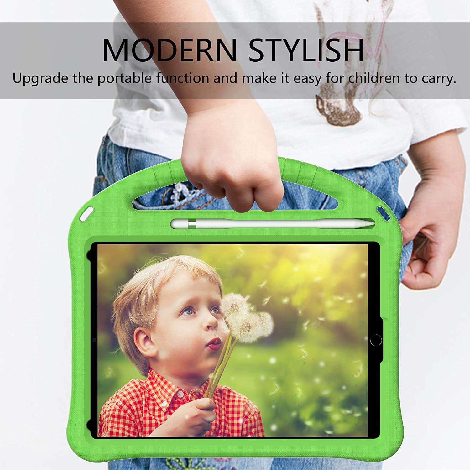 Allytechgroup Kids Case for iPad 9th/8th/7th Generation iPad 10.2 inch 2021/2020/2019 with Kickstand/Handle Stand/Pencil Holder [Screen Protector] Shockproof Cover for Boy Girl Children, Green
