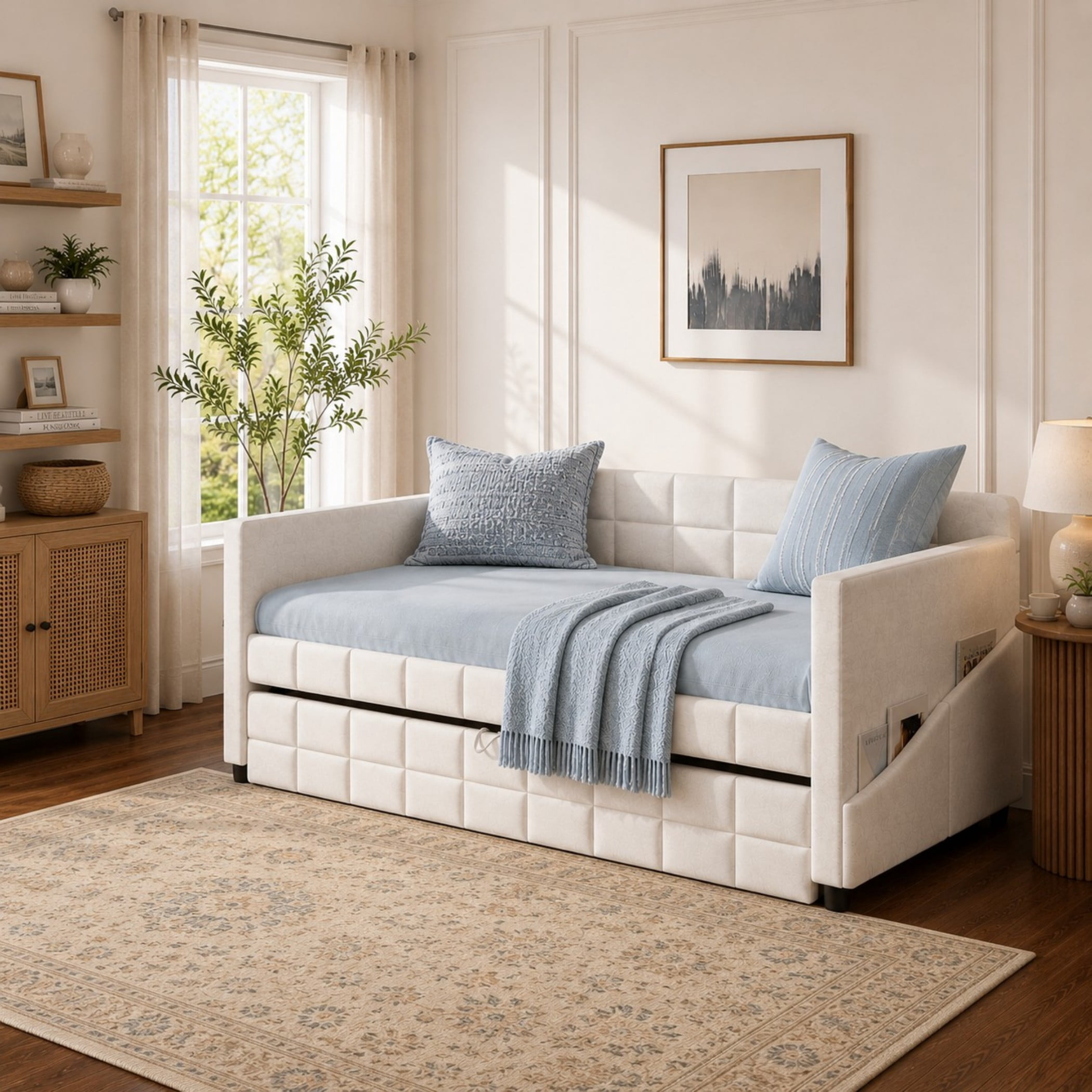 Aukfa Modern Twin Daybed with Trundle, Velvet Upholstered Bed Frame with Storage Pockets, Space-Saving Sofa Bed for Living Room, Bedroom, Beige