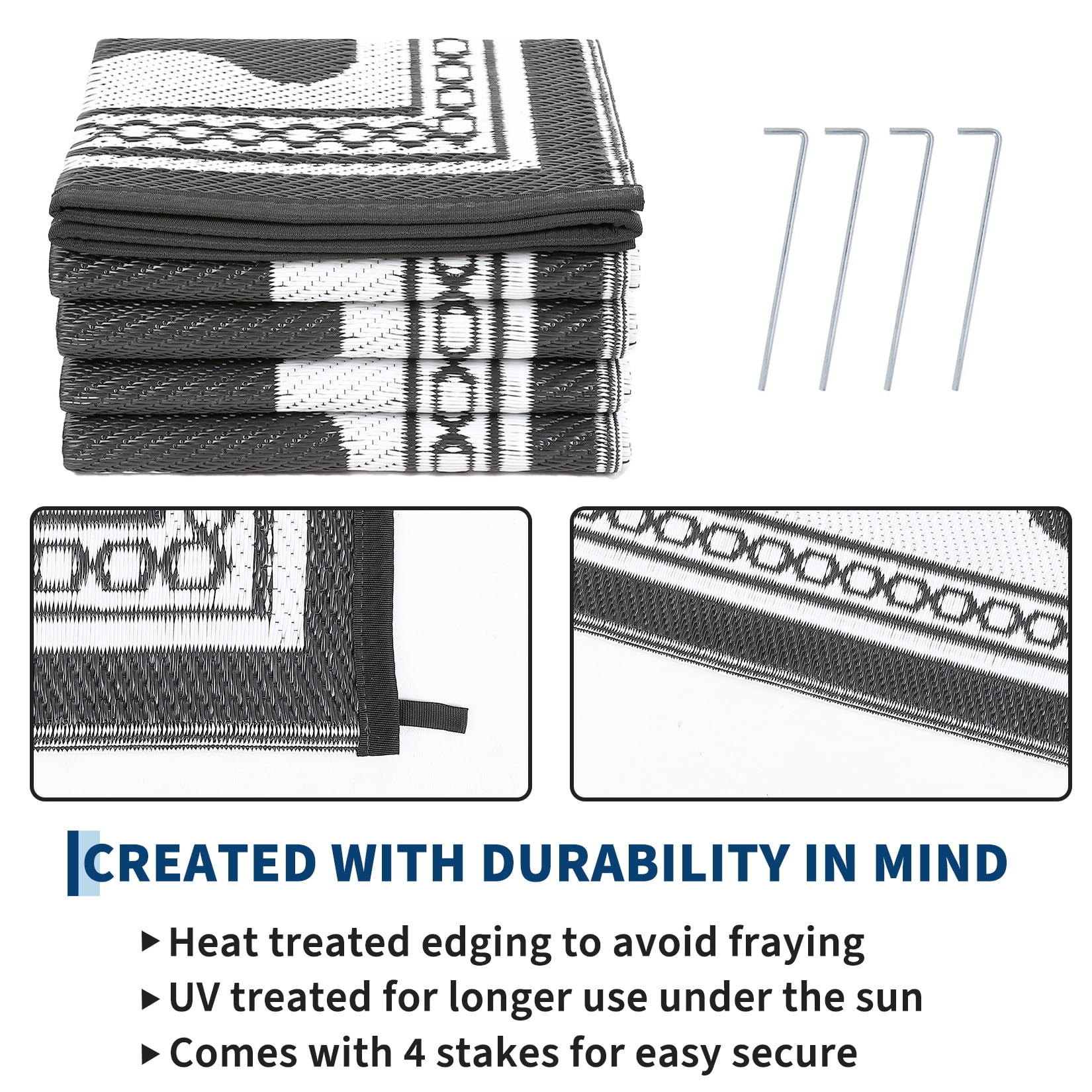 Garvee Outdoor Rug 8x10ft Modern Bordered Reversible Plastic Straw Rug, Waterproof RV Camping Rug Foldable Patio Rug for Deck Porch Balcony Backyard Picnic Beach, Gray/White