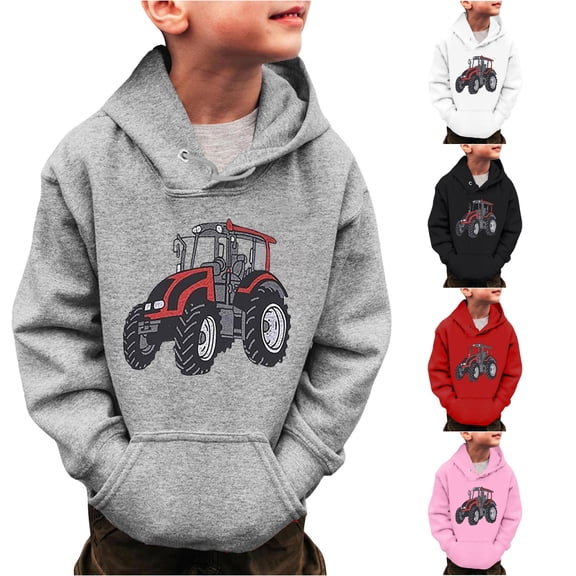 Byoo Toddler Boy's Fun Print Hoodie Long Sleeve Tractor Graphic Pullover Play Casual Hooded Sweatshirt,Grey