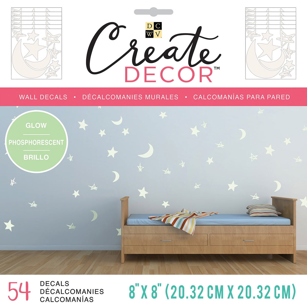 DCWV Create Decor Removable Wall Decals 8"X8"Glow In The Dark Moon
