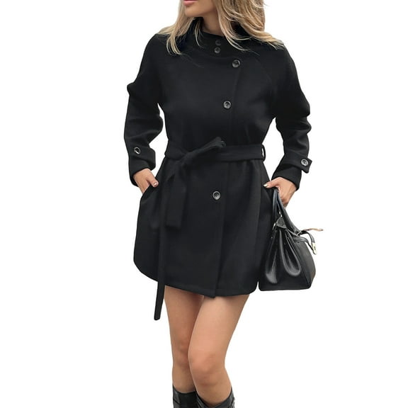 Women'S Elegant Mock Neck Collar Single Breasted Wool Blend over Coat with Belt Black M