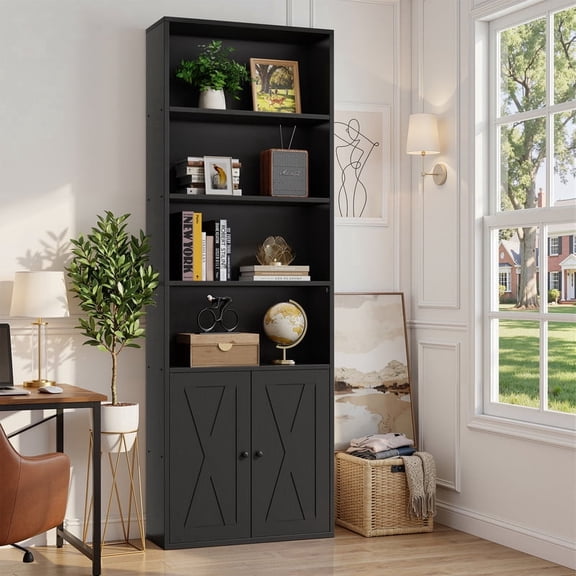 Walsunny Bookcase with Doors, 6-Tier Bookshelf with Storage, Farmhouse Bookshelves with Cabinet, Storage Display Shelf for Living Room Home Office, Black