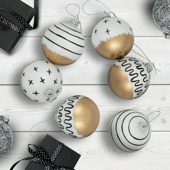 Northlight Abstract Glass Ball Christmas Ornaments - 3" (80mm) - White and Black - 6ct
