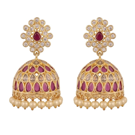 Ratnavali Jewels Gold Plated Cubic Zirconia Round Jhumki Earrings For Women Statement Jewelry Wedding Brides (Red)