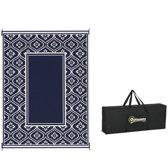 Dranite 9' x 12' Blue & White Gourd Border Reversible Outdoor Rug,Includes Carry Bag