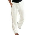thumbnail image 3 of lcziwo Daily Sales Clearance, Women's Side Hollow Cotton Linen Summer Pants Casual Elastic Waist Drawstring Straight Sweatpants Solid Color Lounge Trousers with Pockets White M, 3 of 6