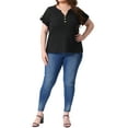 thumbnail image 2 of Agnes Orinda Women's Plus Size Waffle Tunic Tops Button Decor V Neck Roll Short Sleeve Summer Tshirt Casual Blouse 3X Black, 2 of 6