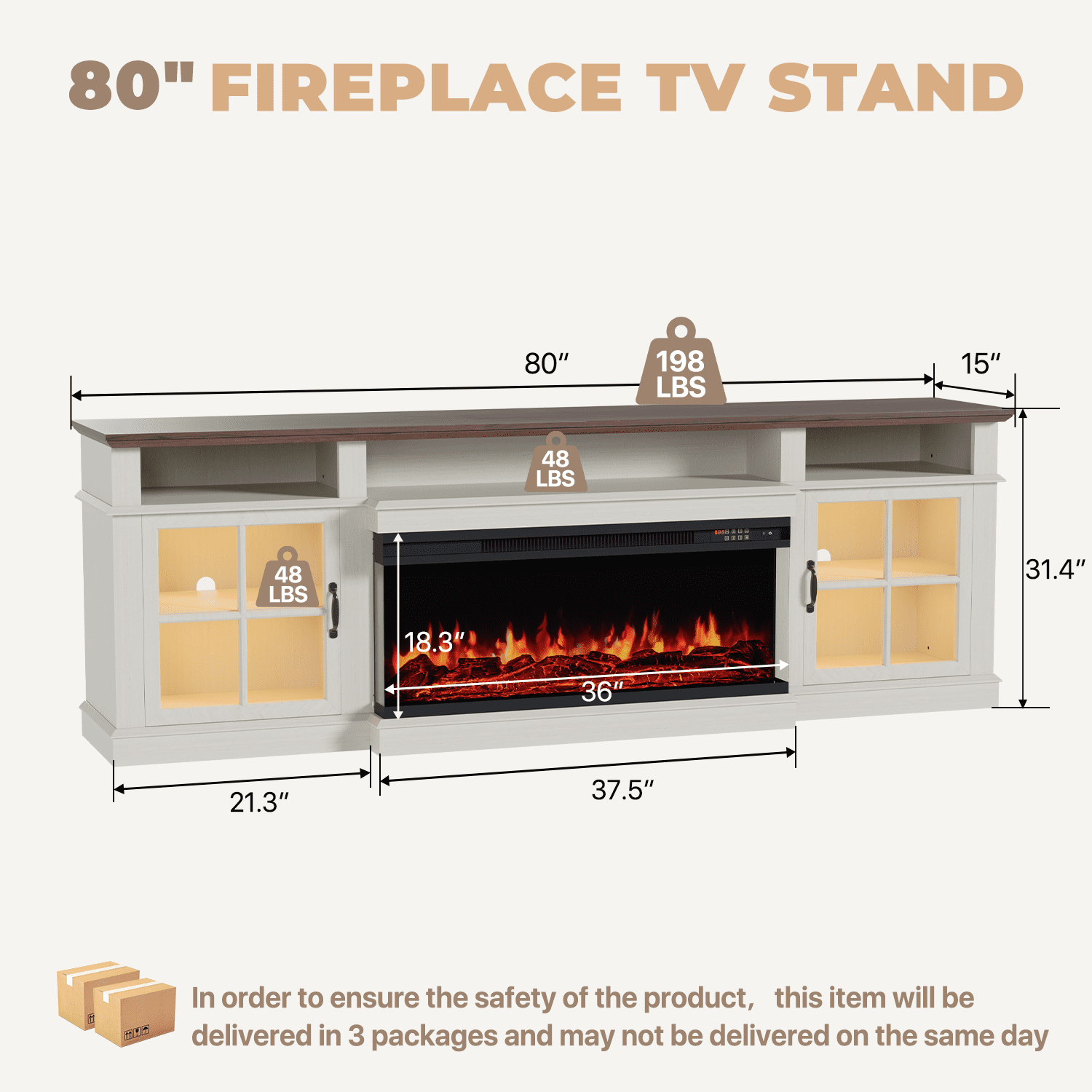 BaPiPro 80" Farmhouse Fireplace TV Stand for TVs Up to 90", Entertainment Center with 3-Sided 36" Electric Fireplace & LED Lights, 2 Drawers & 2 Storage Cabinet, White