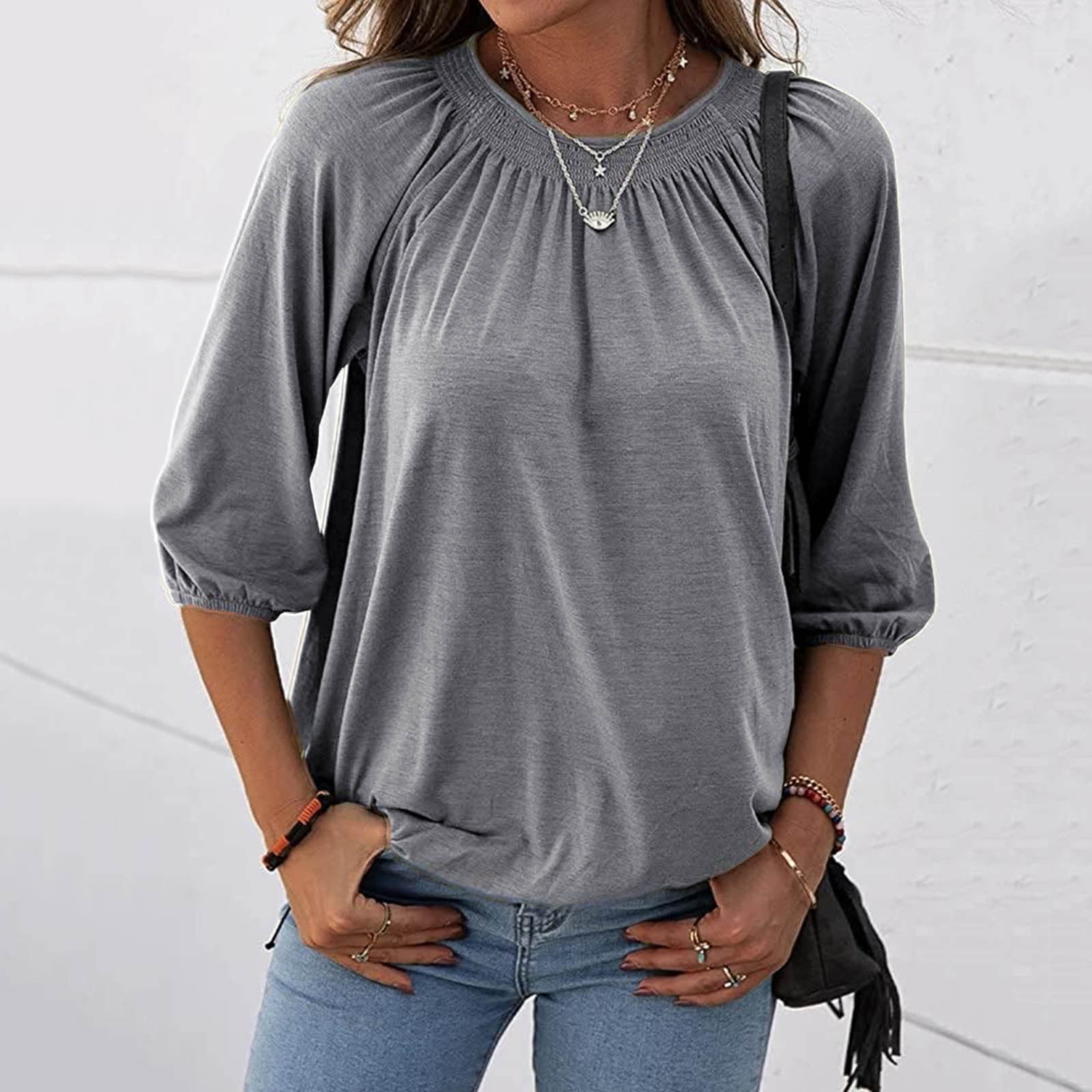 Womens Summer Basic 3/4 Sleeve Round Neck Casual Loose Fit Plus Size T-Shirt Cotton Blouse Tops White