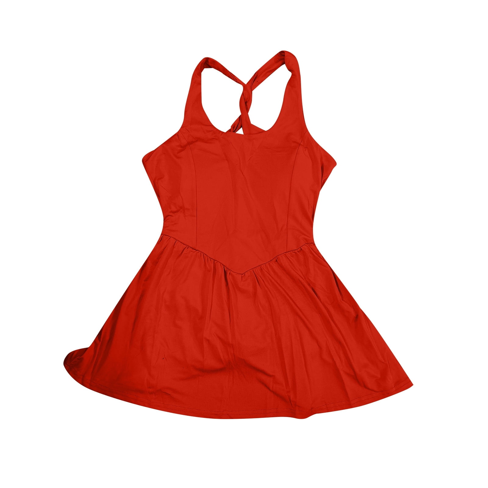 CUZIBR Women Tennis Dresses With Shorts High Waist Sleeveless Fit And Flare Square Neck Pleated Breathable Soft Casual Workout Athletic Romper Dress,Red,S