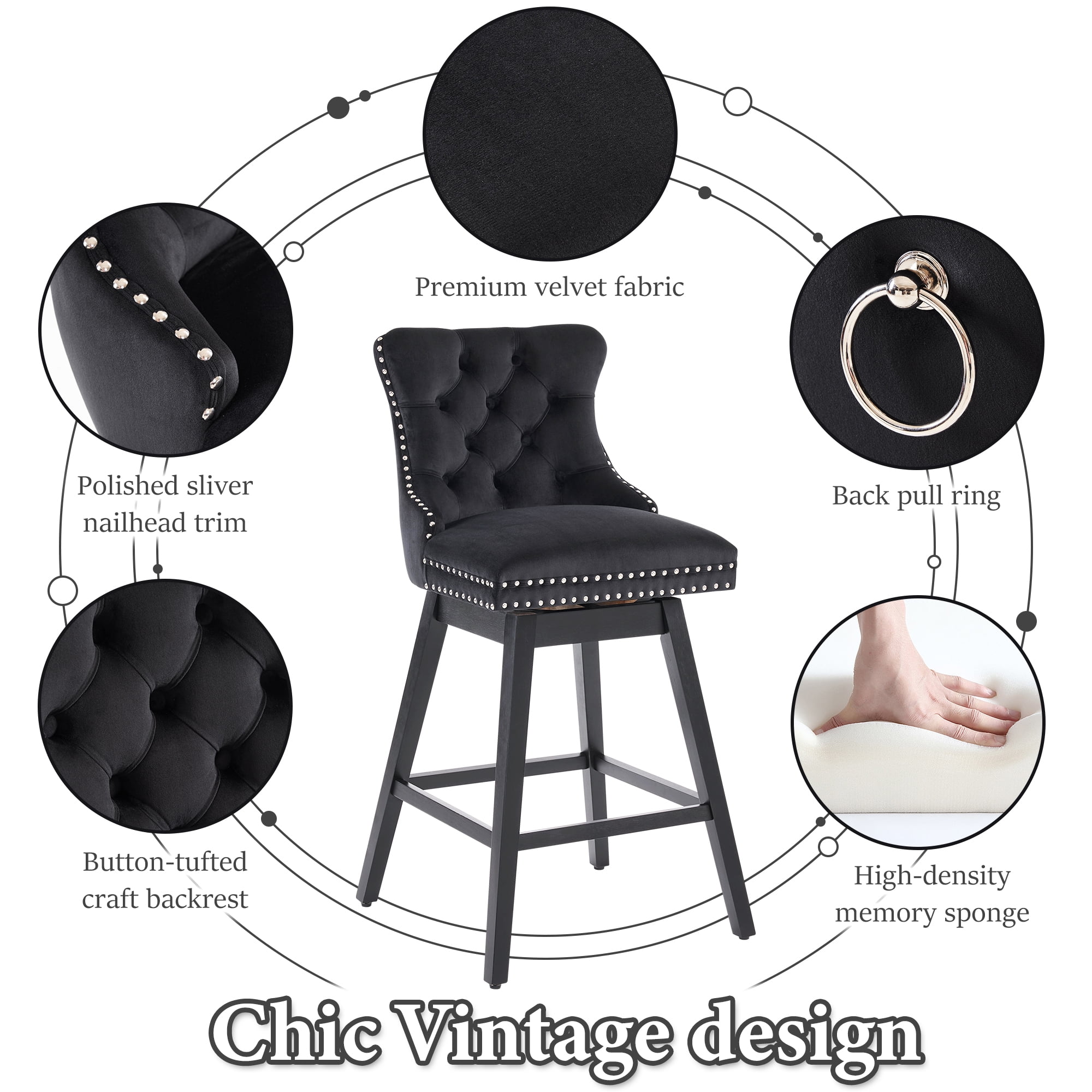 TEWLOSS 30" Swivel Bar Height Bar Stools with Back Set of 2, Black Velvet Kitchen Stools