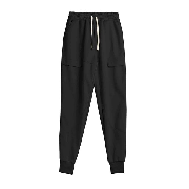 Lovzfmll Men's Solid Color Casual Utility Pants, Relaxed Fit, Drawstring Elastic Waist, Pockets for Everyday Black, M