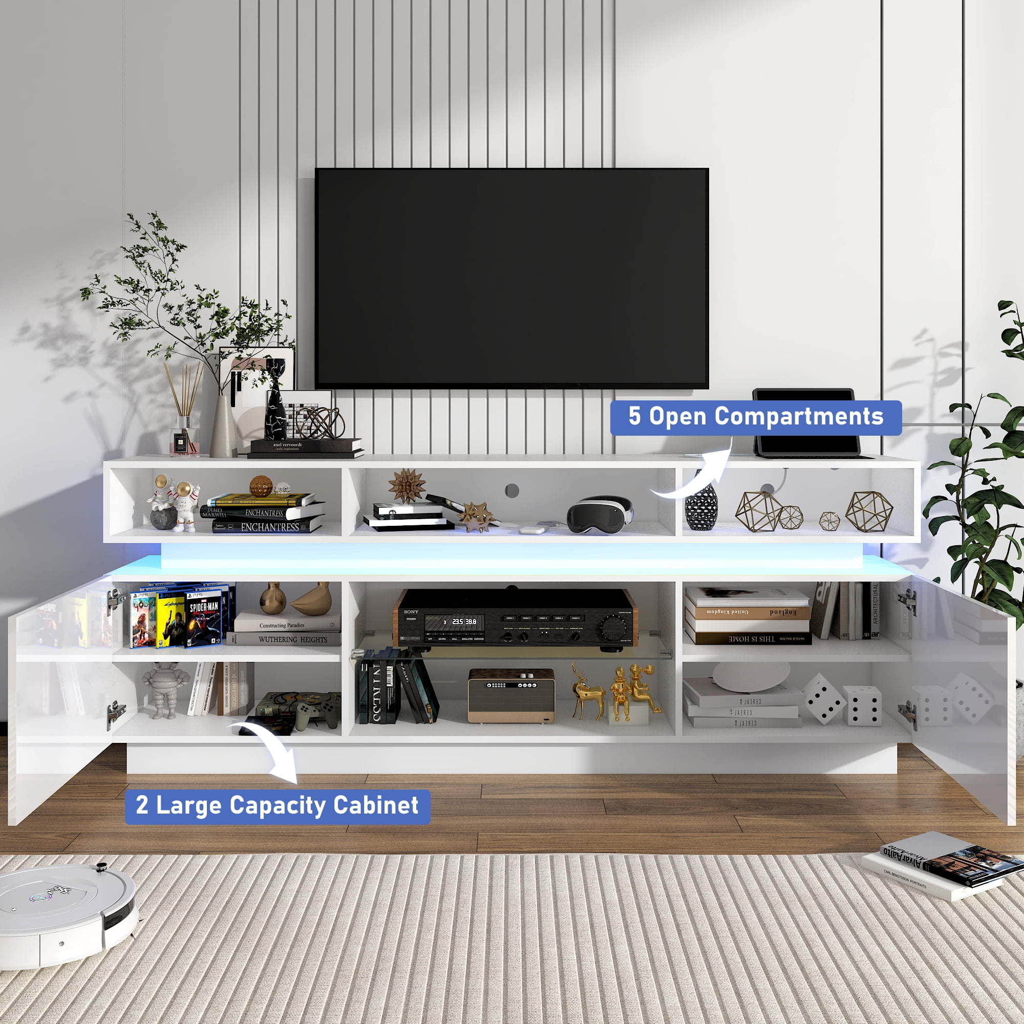 ChVans LED TV Stand for up to 80" TVs with Power Outlet, Modern Tall Entertainment Center with Storage, High Gloss Gaming TV Media Console with 2 Storage Cabinets for Living Room, Bed Room