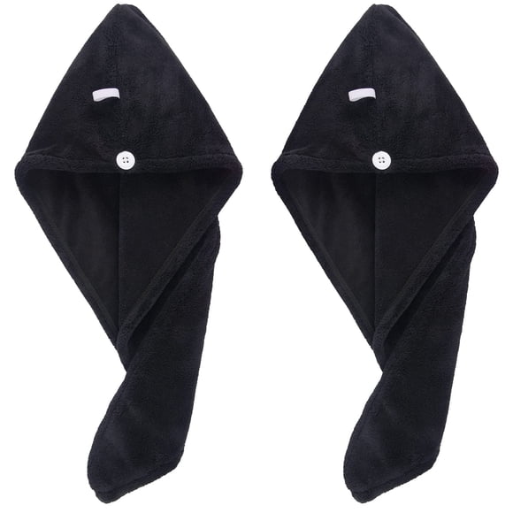 Sinland 2 Pcs Serviettes de Séchage en Microfibre Ultra Absorbantes Turban de Séchage Rapide Bonnets de Cheveux avec Boutons 10 Pouces X 26 Pouces Noir