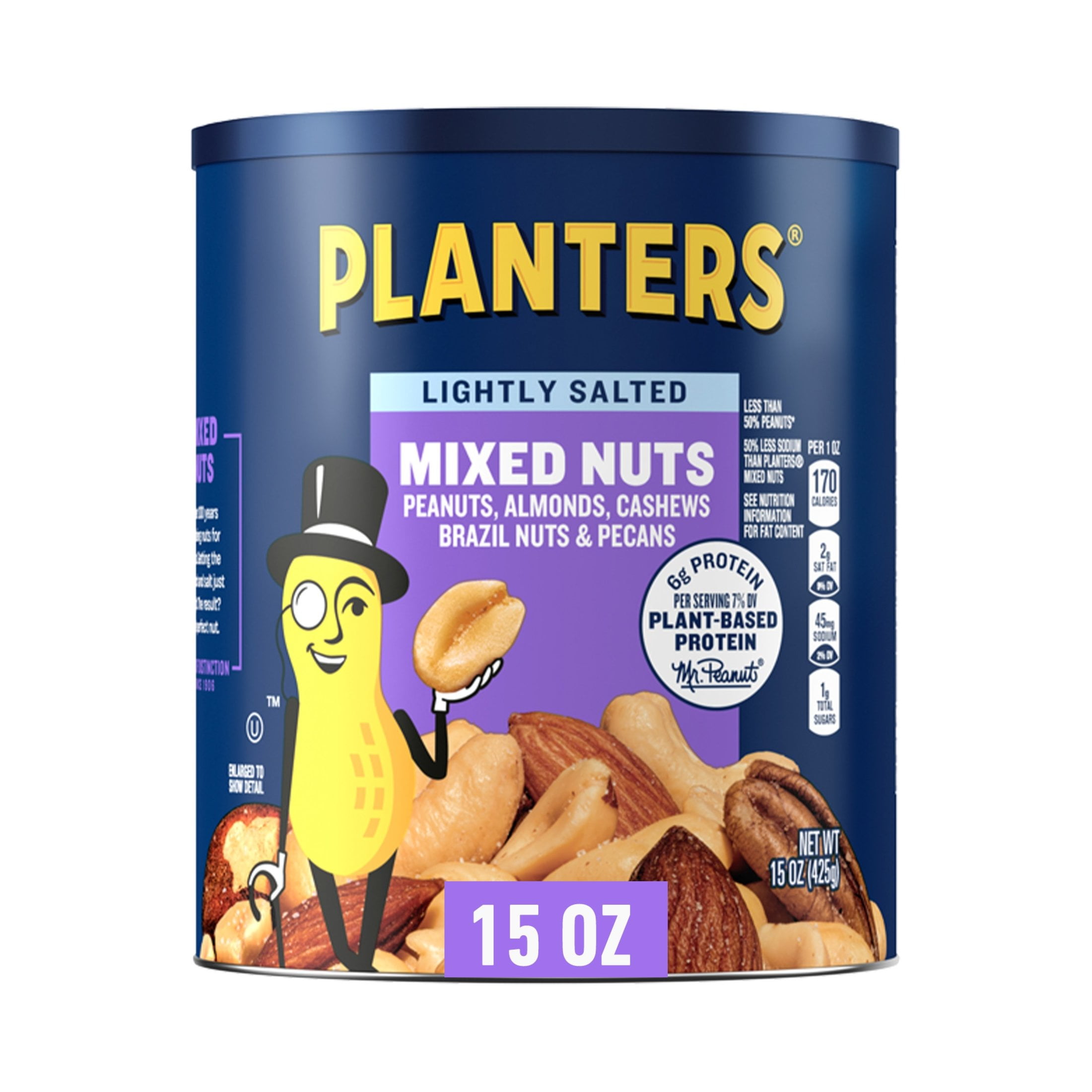 PLANTERS Lightly Salted Mixed Nuts, Party Snacks, Plant Based Protein, 15 oz Canister