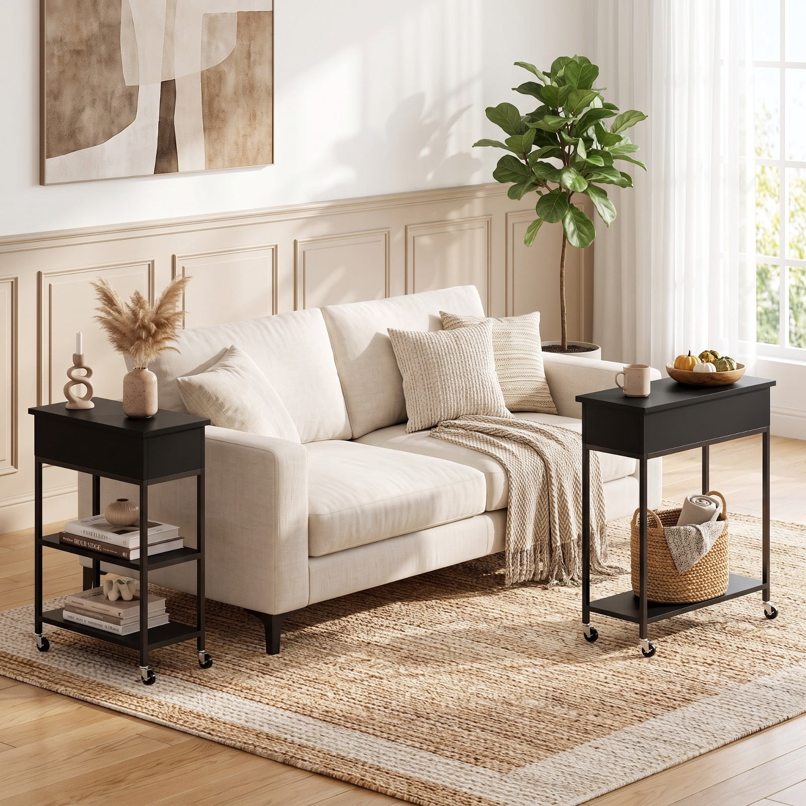 Furnibear Lift Top End Table with Charging Station Hidden Compartment and Universal Wheels for Living Room Sofa Side Narrow Spaces, Black