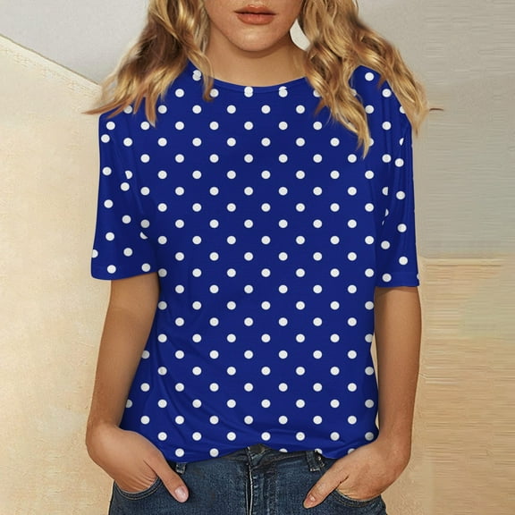 BLOCLOALO T Shirts Tunic Tops Women's Short Sleeved Shirt Spring Striped Round Neck Business Casual Top Polka Dot Loose Half Length Work Shirt Short Sleeve Shirts Trendy Tops Summer Blouses Blue L