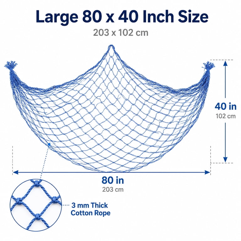 Decorative Fishing Net 80x40 Inch,3mm Thick Natural Cotton-Large Wall Hanging Fish Net Decorations,Party Fishnet for Nautical Pirate Beach Themes,Blue 2 Pack - Walmart.com Decorative Fishing Net 80x40 Inch,3mm Thick Natural Cotton-Large Wall Hanging Fish Net Decorations,Party Fishnet for Nautical Pirate Beach Themes,Blue 2 Pack - Walmart.com