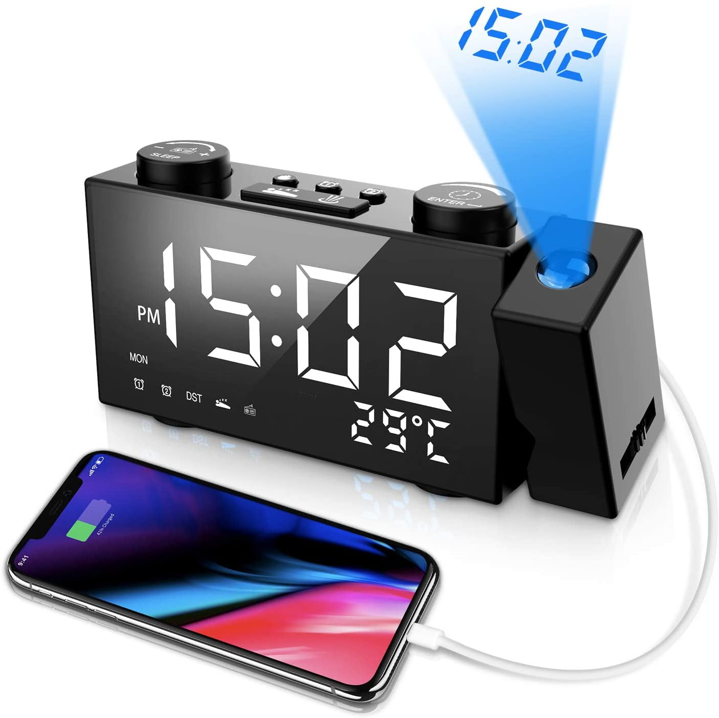 Projection alarm clock, FM radio alarm clock, digital clock radio