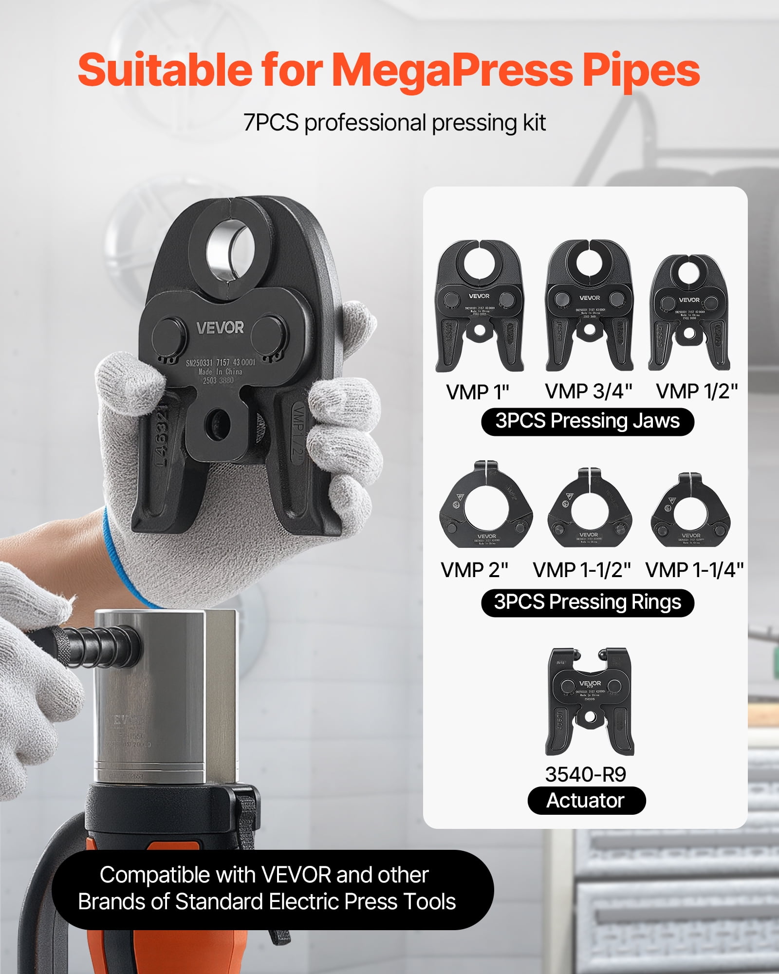 VEVOR 7PCS MegaPress Pressing Kit 1/2" to 2" - 3PCS Press Jaws, 3PCS Press Rings, 1PCS Actuator for MegaPress Carbon Steel Pipes, Compatible with Standard Press Tools - with Case