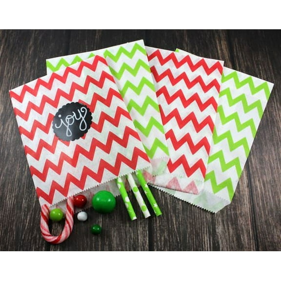 Charmed X'mas Chevron Prints Paper Candy Bags; Red/Green; 50 pieces