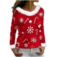thumbnail image 3 of Hvot&aat Merry Christmas Sweaters for Women Faux Fur Trim V Neck Sweatshirts Xmas Graphic Long Sleeve Holiday Pullover, 3 of 6