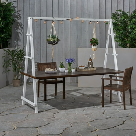 Raven Outdoor Acacia Wood 88.5" Dining Table with Iron Plant Hanger, Dark Brown Finish and White