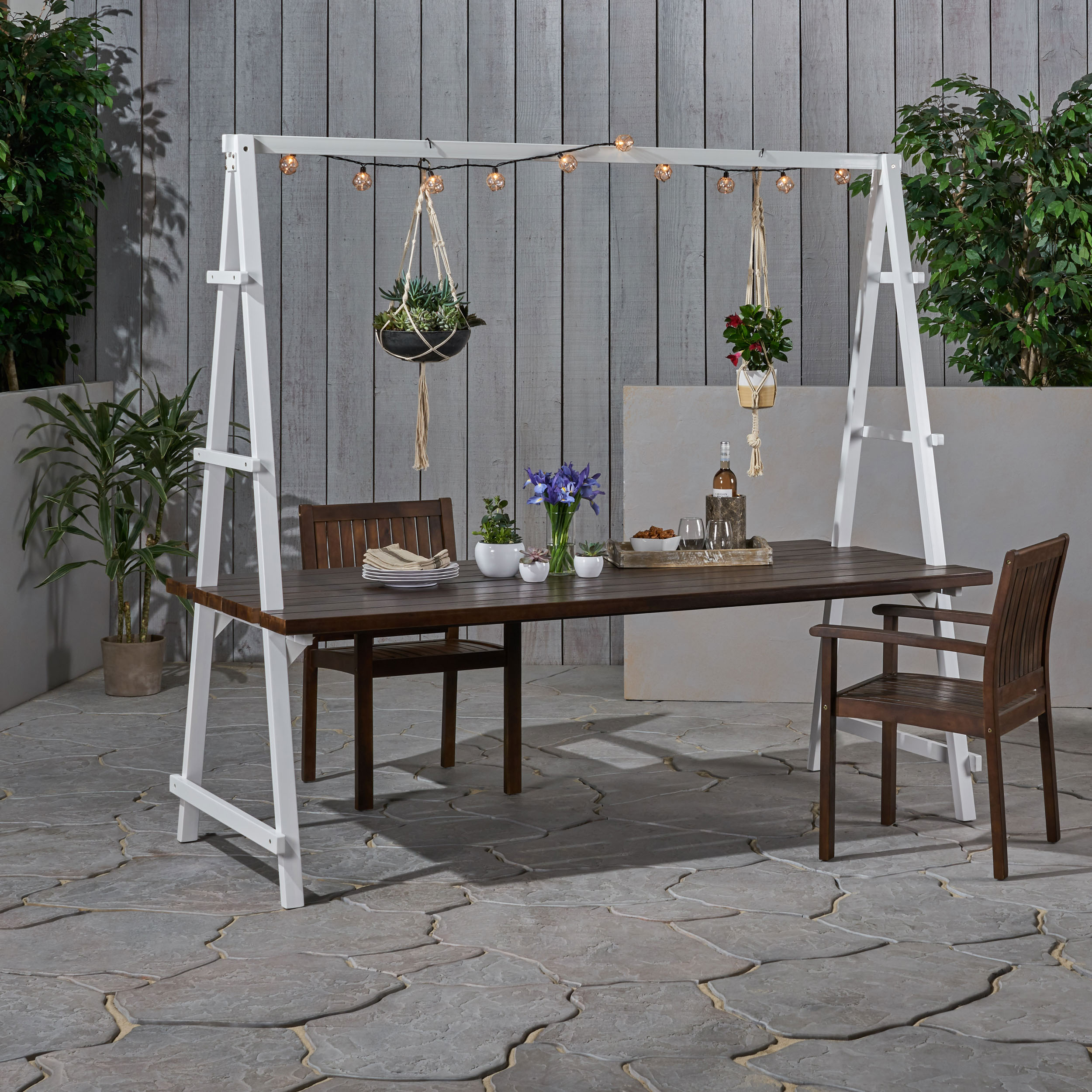 Raven Outdoor Acacia Wood 88.5″ Dining Table with Iron Plant Hanger