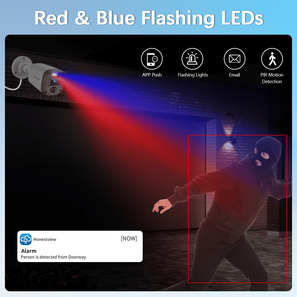 WEILAILIFE 5MP Wired Security Camera System with Red & Blue Warning Lights, 4CH DVR 500GB HDD