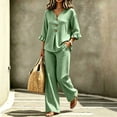 thumbnail image 5 of Gingham 2 Piece Set for Women Ruffle 3/4 Sleeve Notch Neck Top and Wide Leg Pants with Pockets Green 2XL, 5 of 7