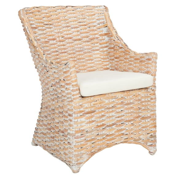SAFAVIEH Ventura Rustic Rattan Arm Chairs with Cusion, White (26.3 in. W x 23.2 in. D x 33.9 in. H)